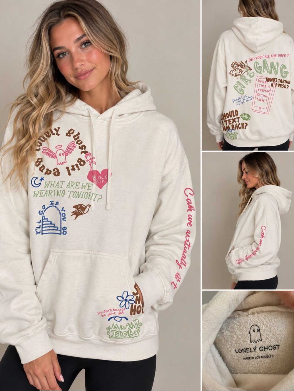 LONELY GHOST Cream Graphic Pullover Hoodie with Multicolor Prints